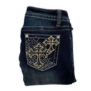Fire & Rain Womens Dark Wash Rhinestone Cross Embellished Bootcut Jeans‎ Size 9